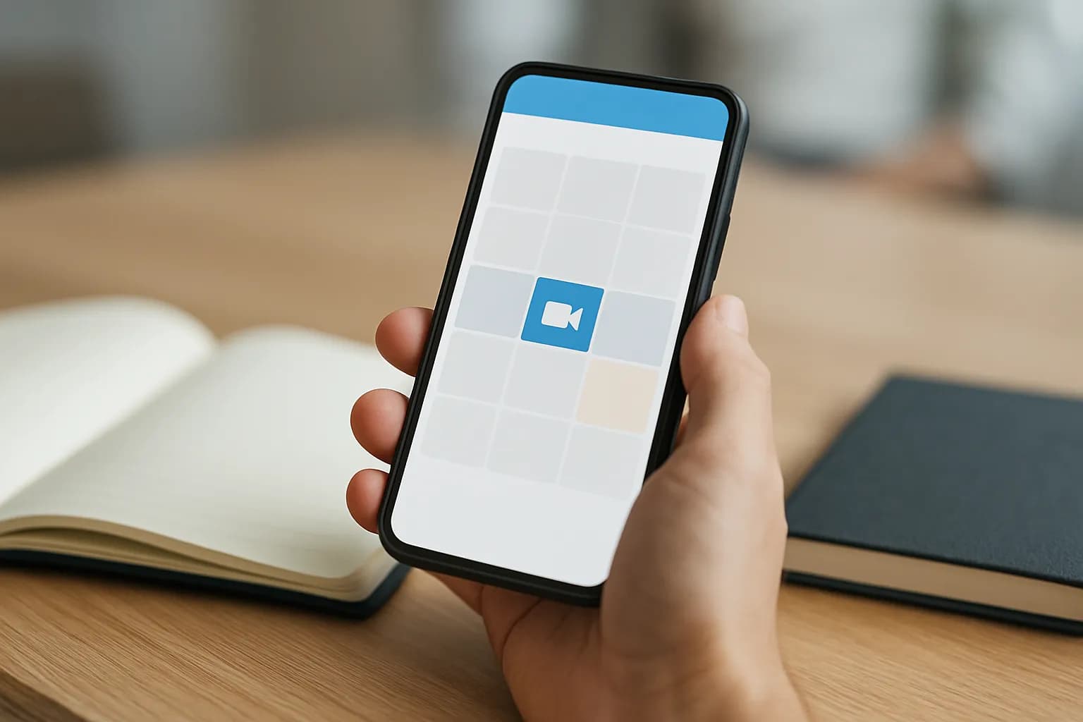 Hand holding a phone beside a diary on a meeting-room table
