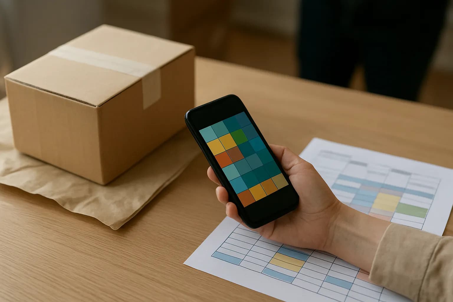 Hand holding phone beside parcel and printed order log on packing counter