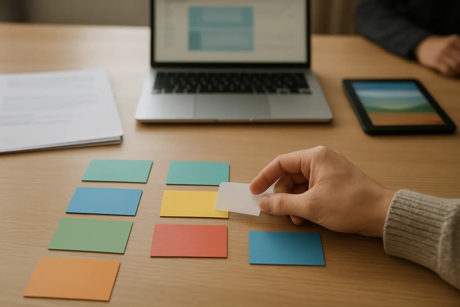 Hand moving a card between groups on a sunlit worktable