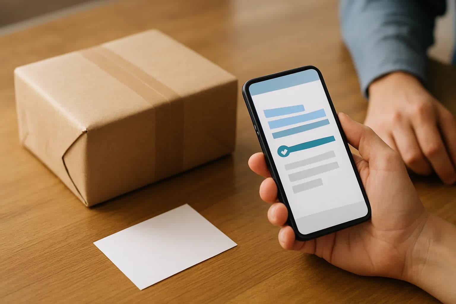 Hand holding delivery status phone beside sealed parcel on packing table
