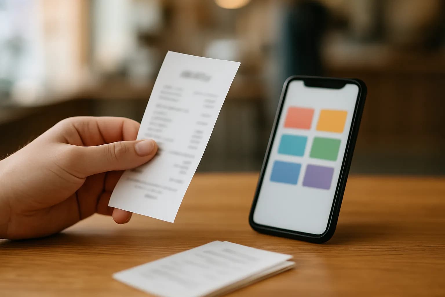 Hand holds a receipt beside a phone and receipt stack on a counter.