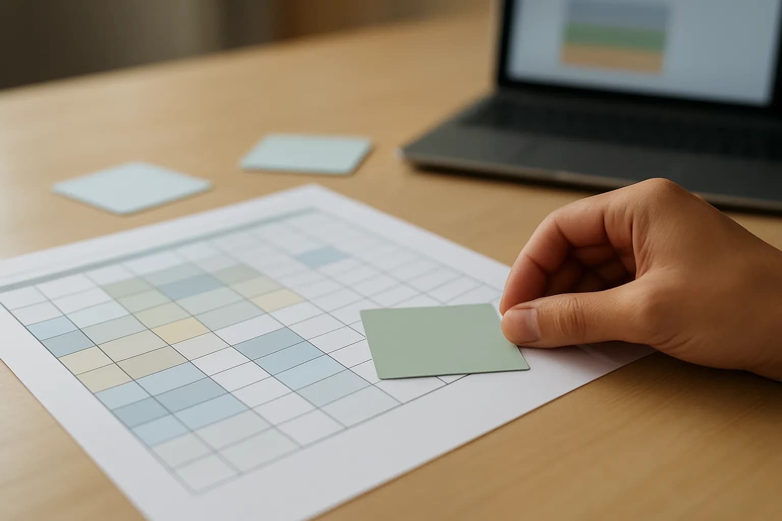 Hand matching an index card to a printed spreadsheet grid