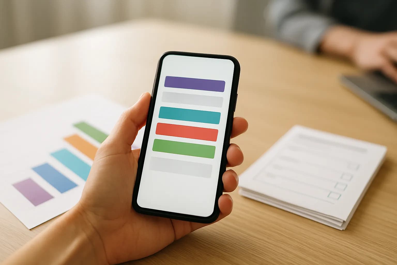 Hand holding a form on a phone beside a printed bar chart