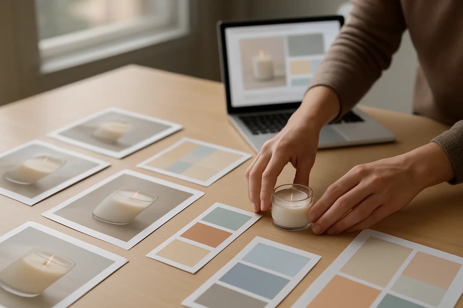 Hands arrange candle jars and storefront layout cards on a worktable.
