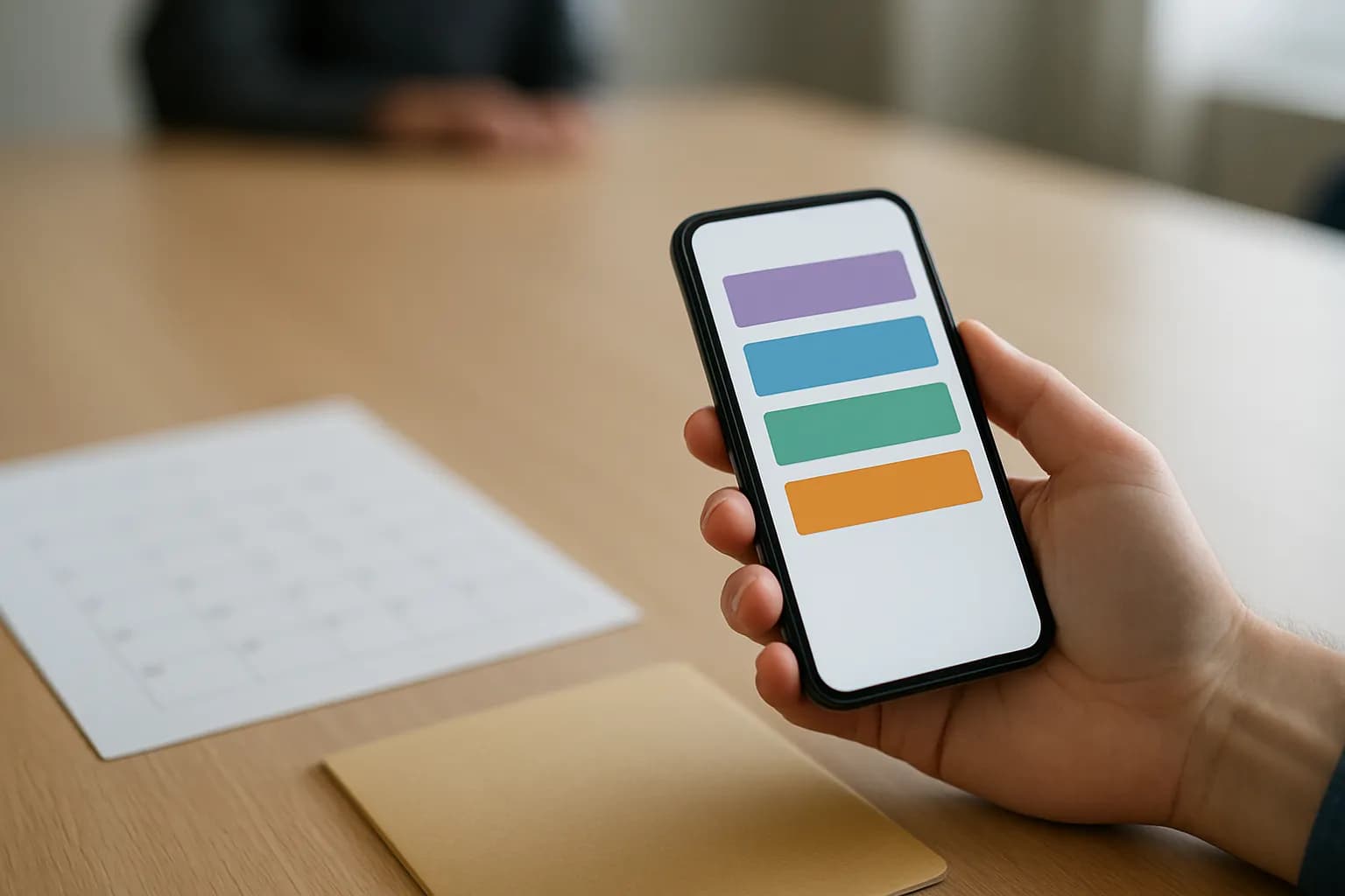 Hand holding a phone with a form beside a paper calendar