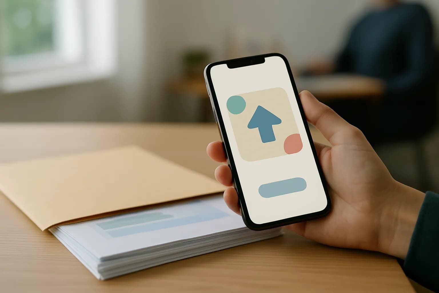 Hand holding an upload screen beside client documents on an office counter
