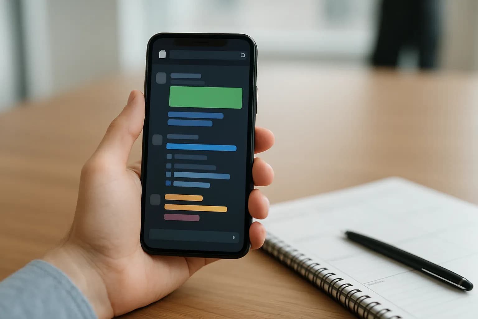 Hand holding a phone showing threaded updates beside a paper planner