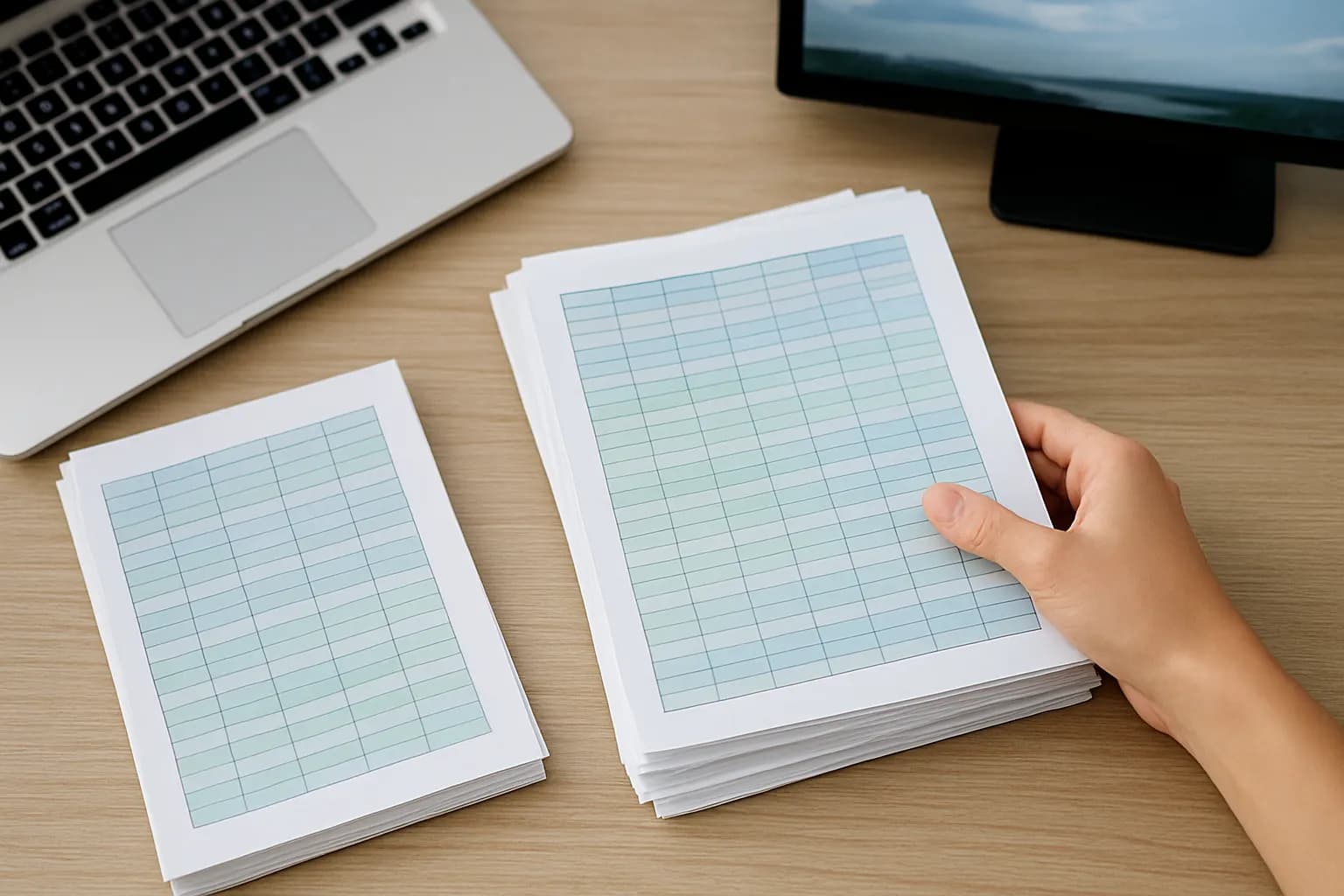 Hand sorts monthly spreadsheet printouts while a duplicate copy sits aside.