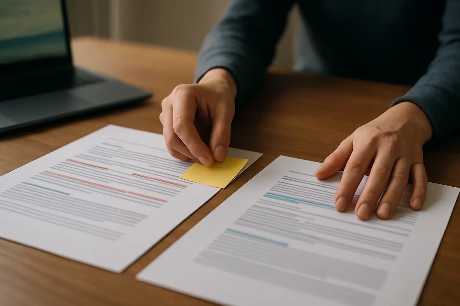 Hand compares printed SOP drafts with revision marks on a meeting table.
