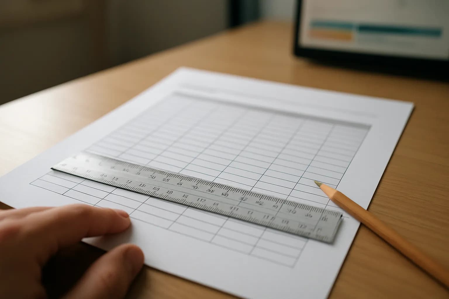 A hand holds a printed table beneath a transparent ruler.