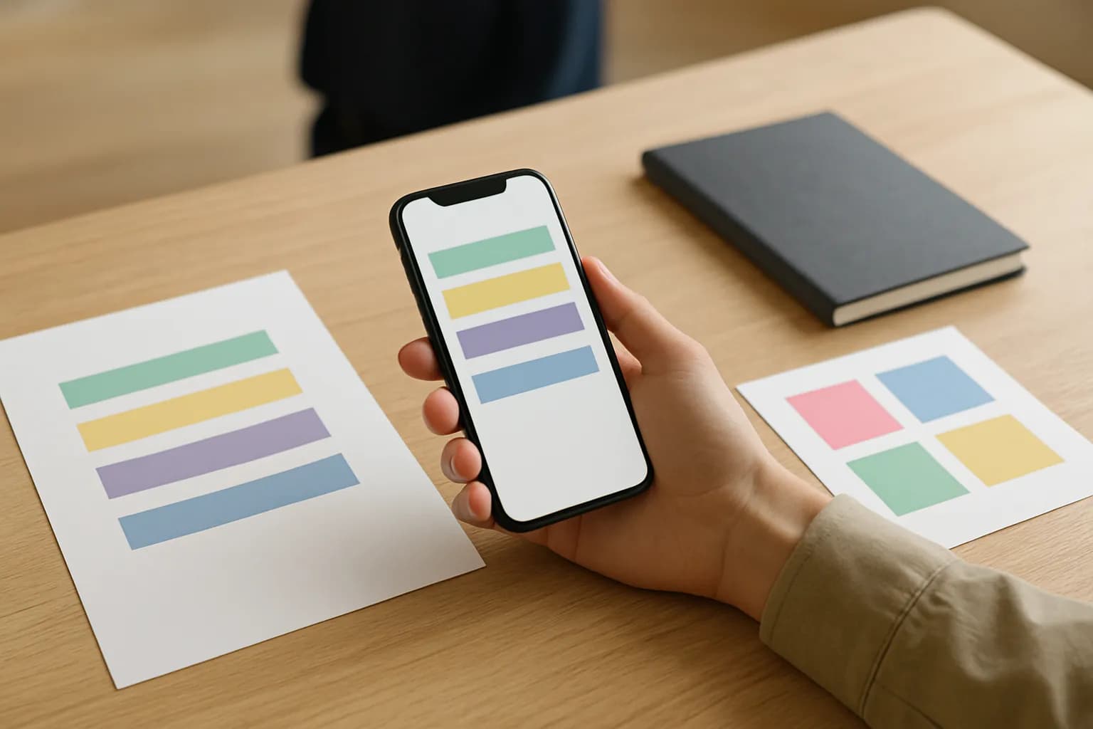 Hand holding a form on a phone beside office request cards.