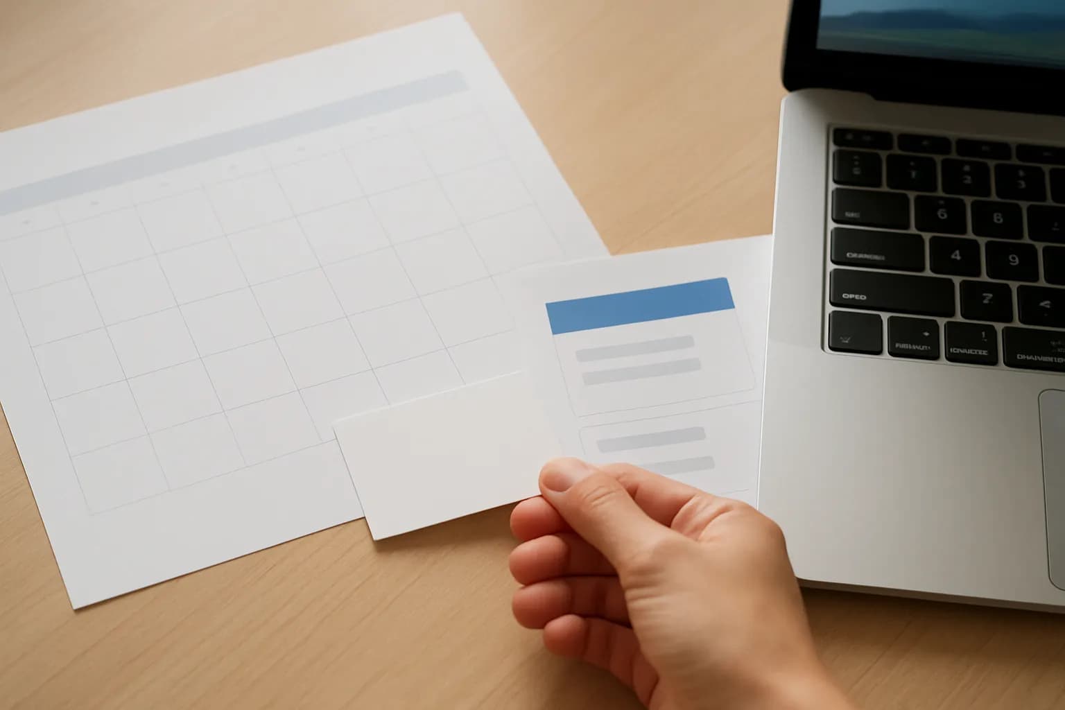 Hand places an appointment card beside a paper calendar and blank form.