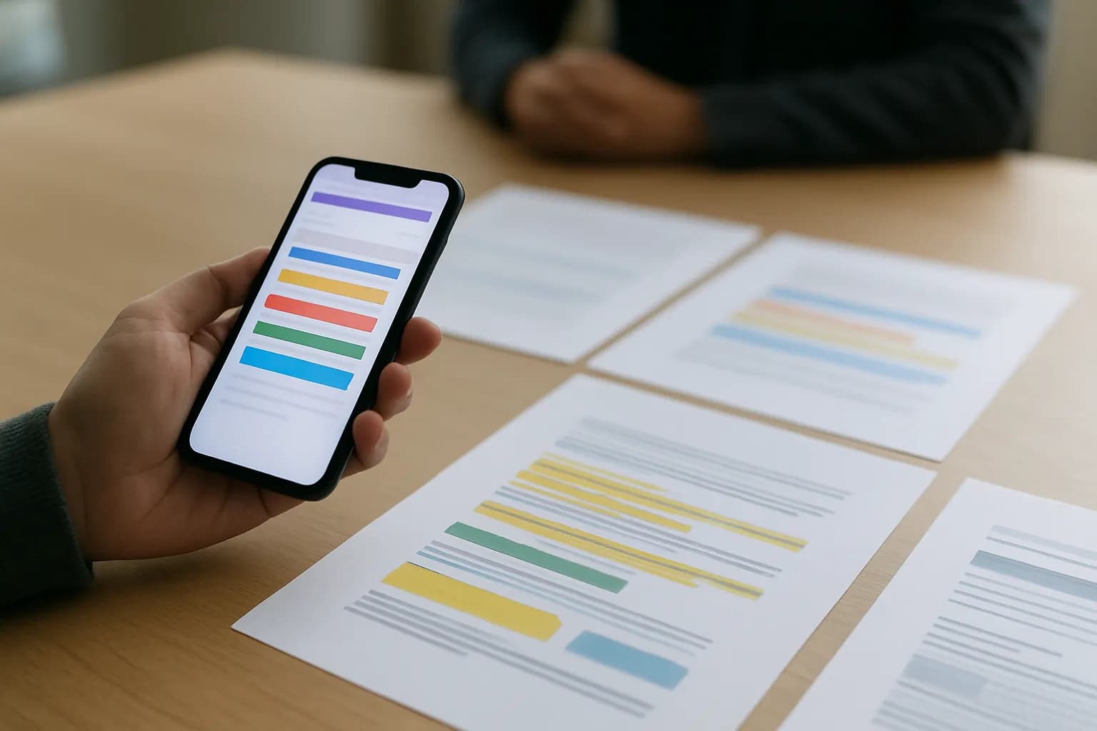 Hand compares a phone form with highlighted proposal pages on a meeting table