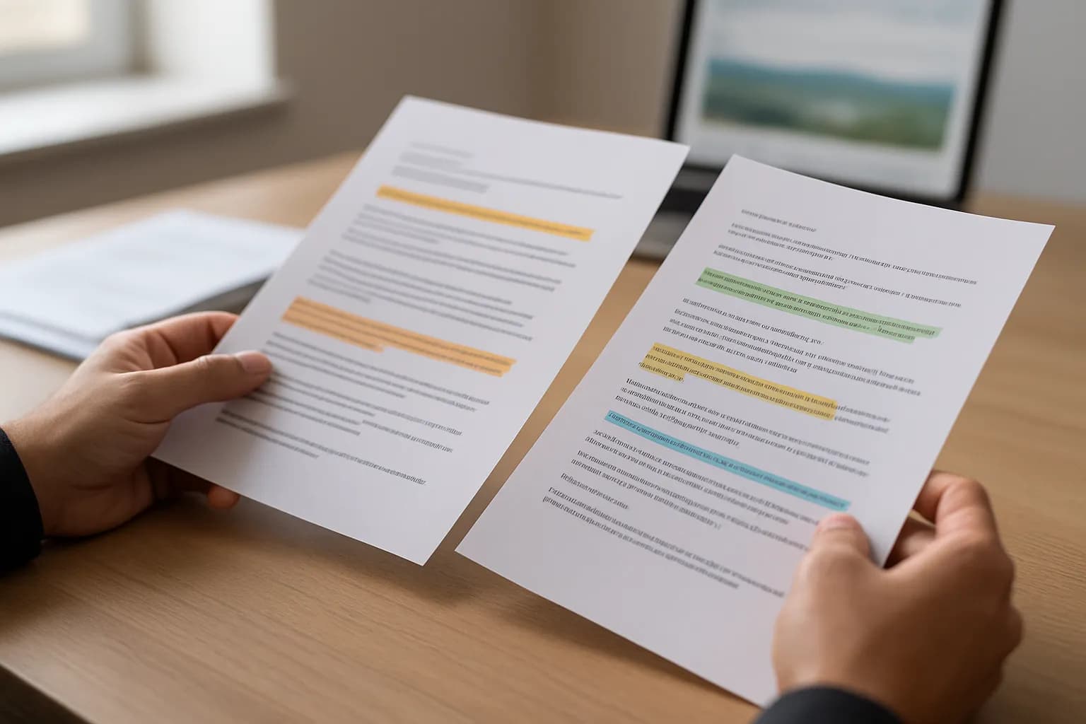 Hands compare highlighted email drafts beside product paperwork on a worktable.