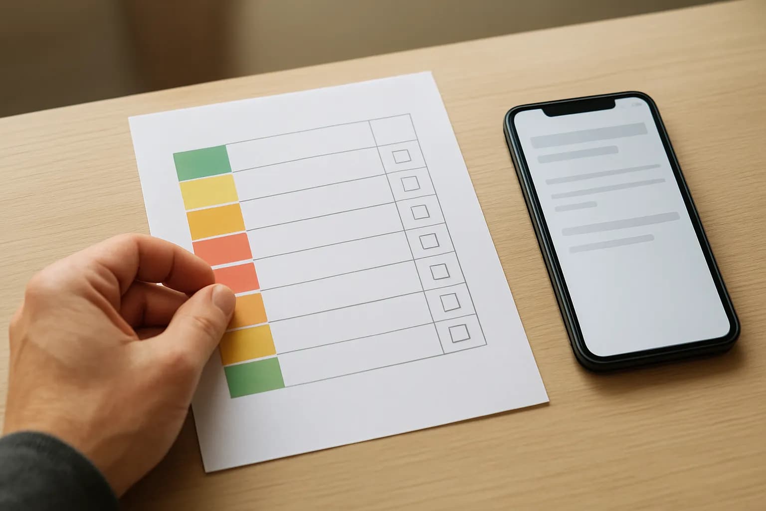 Hand reviewing printed task sheet beside phone showing an email layout