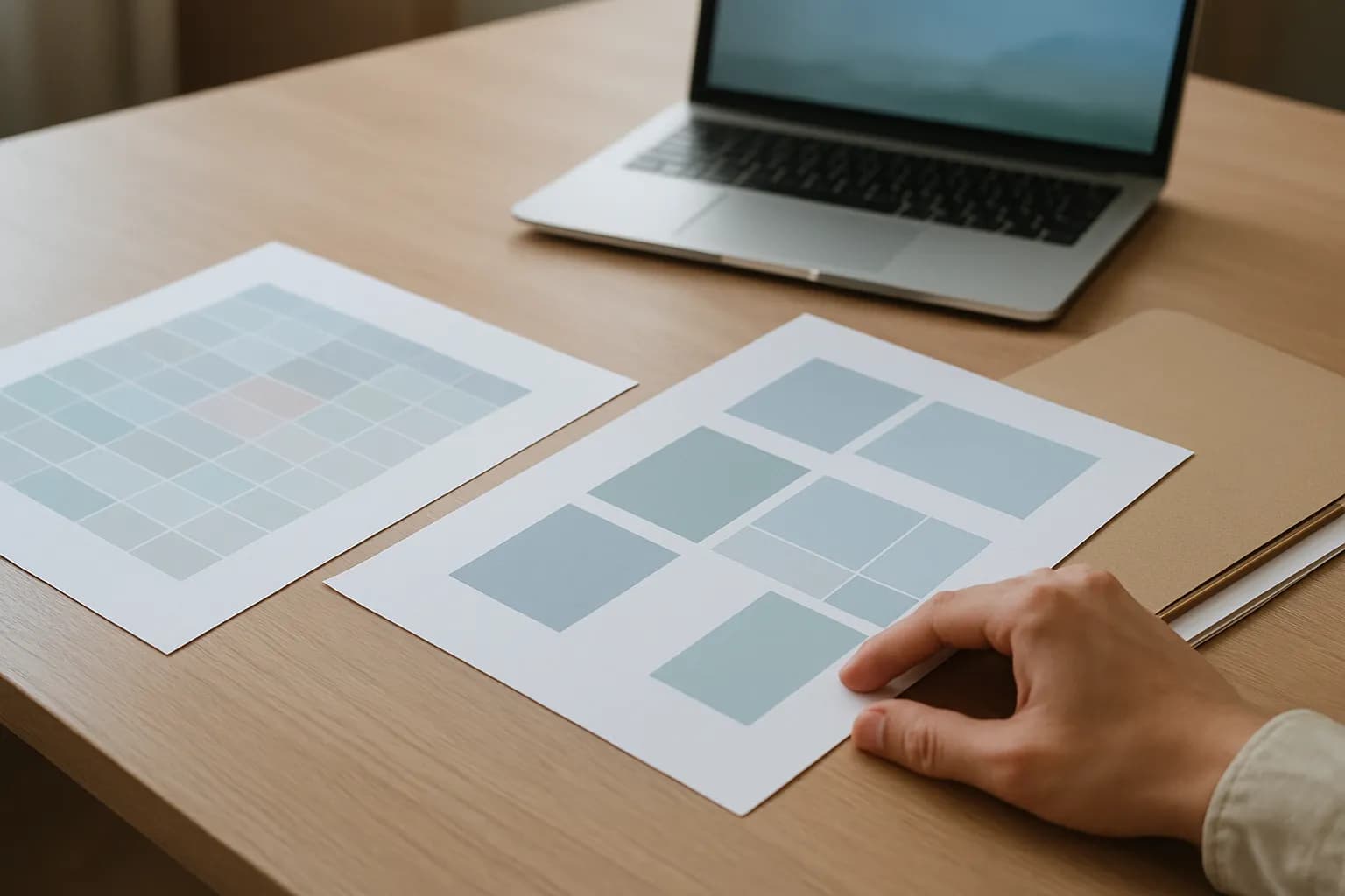 Hand aligns document drafts beside a spreadsheet grid on a worktable.