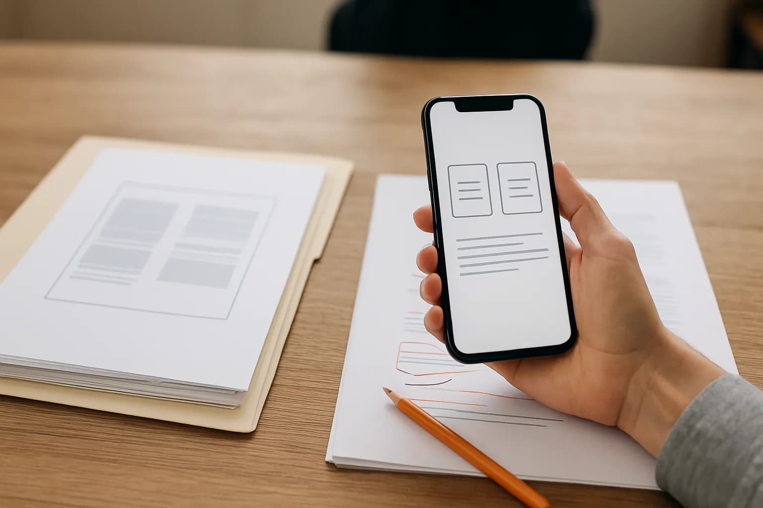 Approved papers in a folder beside working pages and a phone.