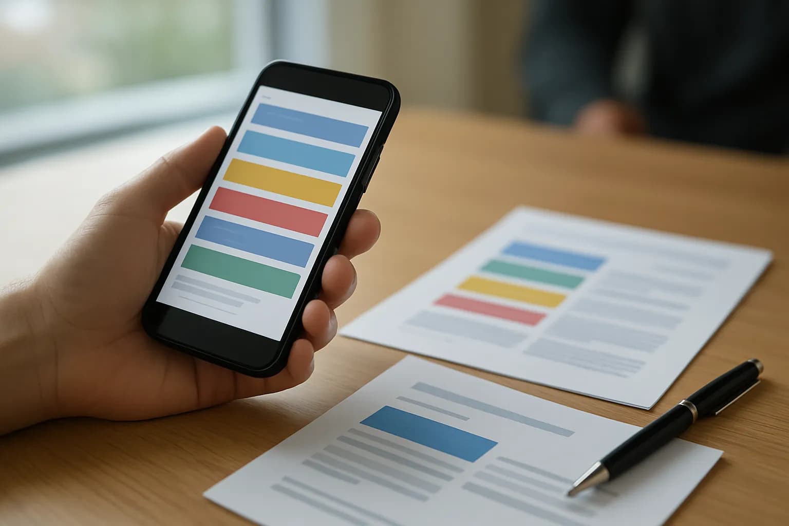 Hand holding a phone beside grouped chat printouts on a meeting table