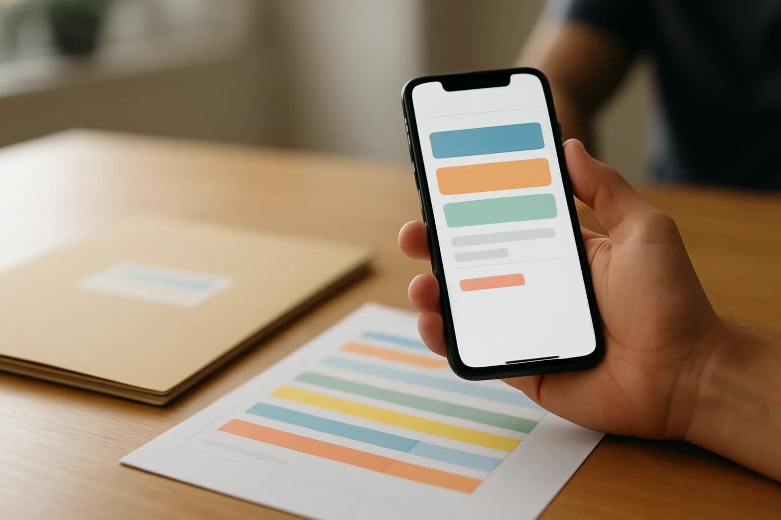 Hand holding phone beside project folder and paper tracker on meeting table
