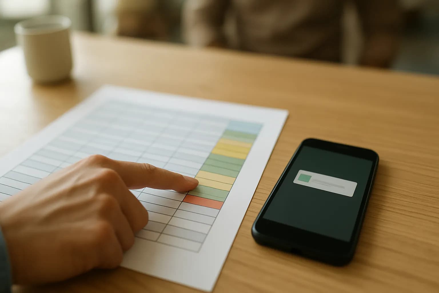 Hand points to a coloured spreadsheet column beside a notification on a phone.