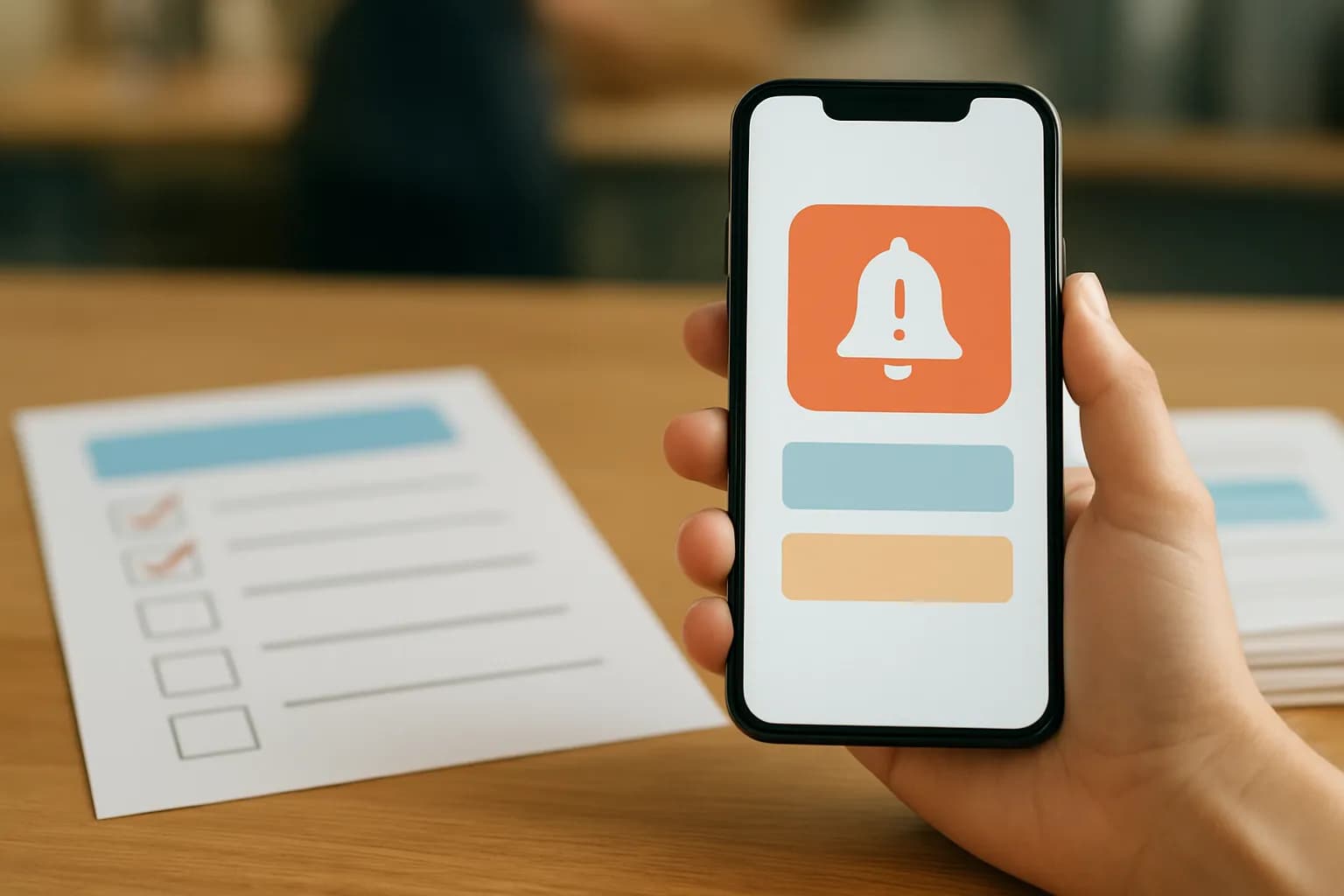 Hand checks a phone alert beside workflow papers on a shop counter