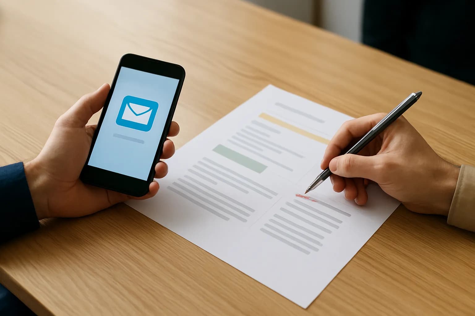 Hands review a marked draft beside a phone showing an email notification