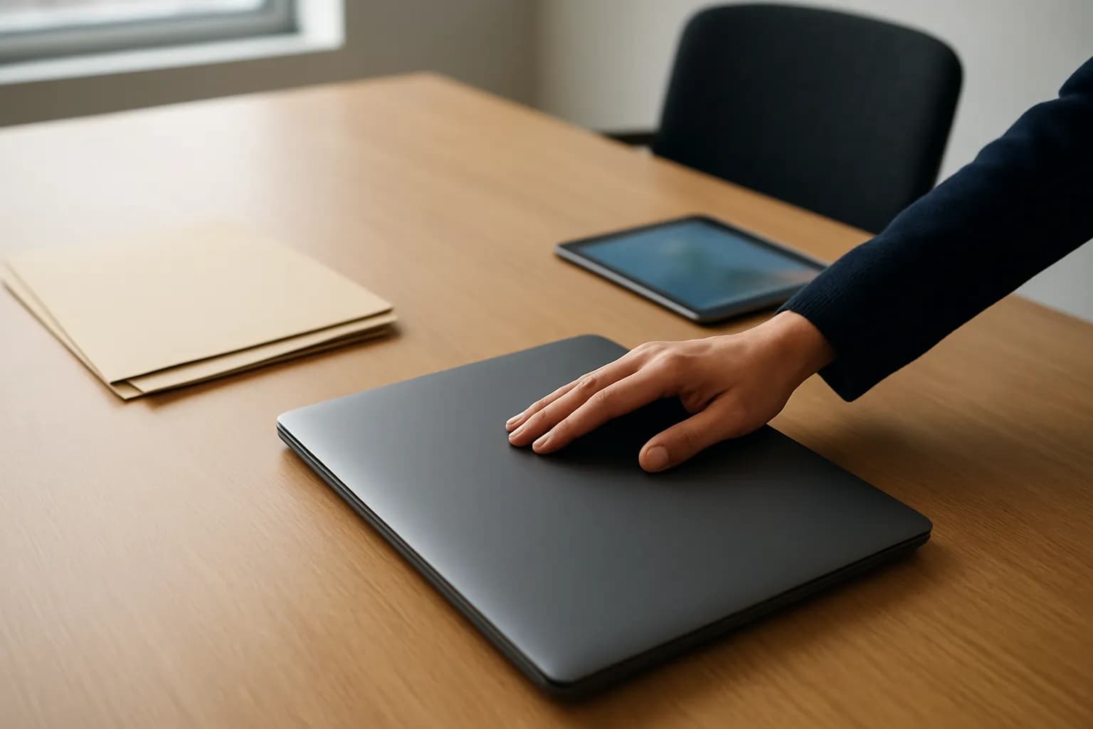 Hand closing a laptop on a shared meeting room table beside folders