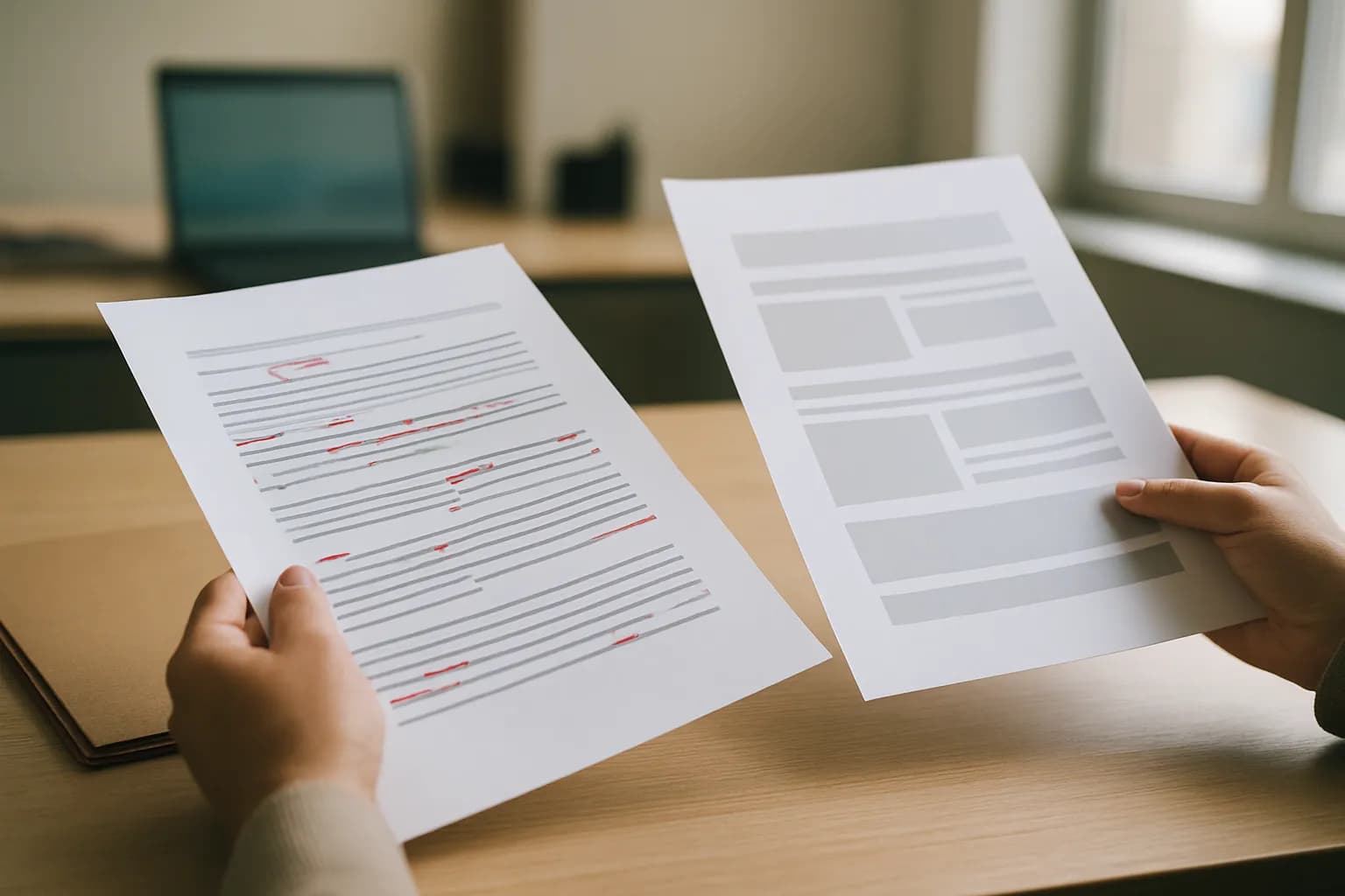 Hands review a cleaned document beside an original folder on an office table