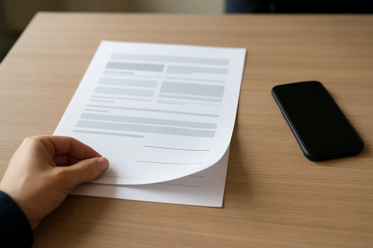 Hand holds a printed agreement beside a face-down phone on a meeting table.