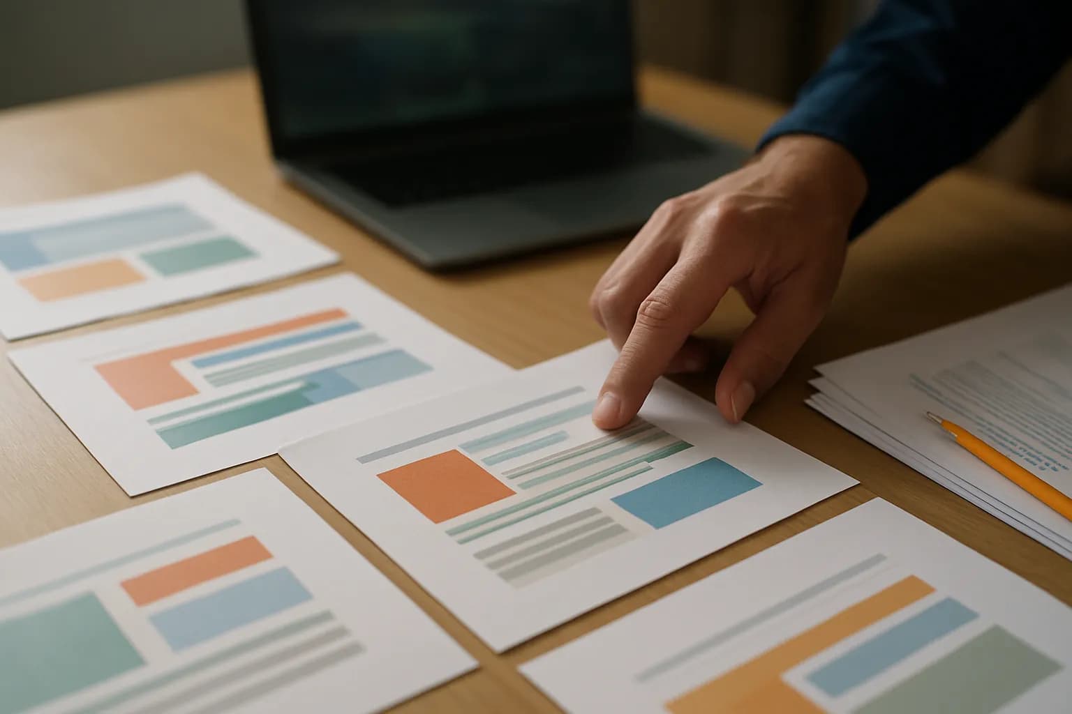Hand compares printed presentation slides with crowded text blocks on a meeting table