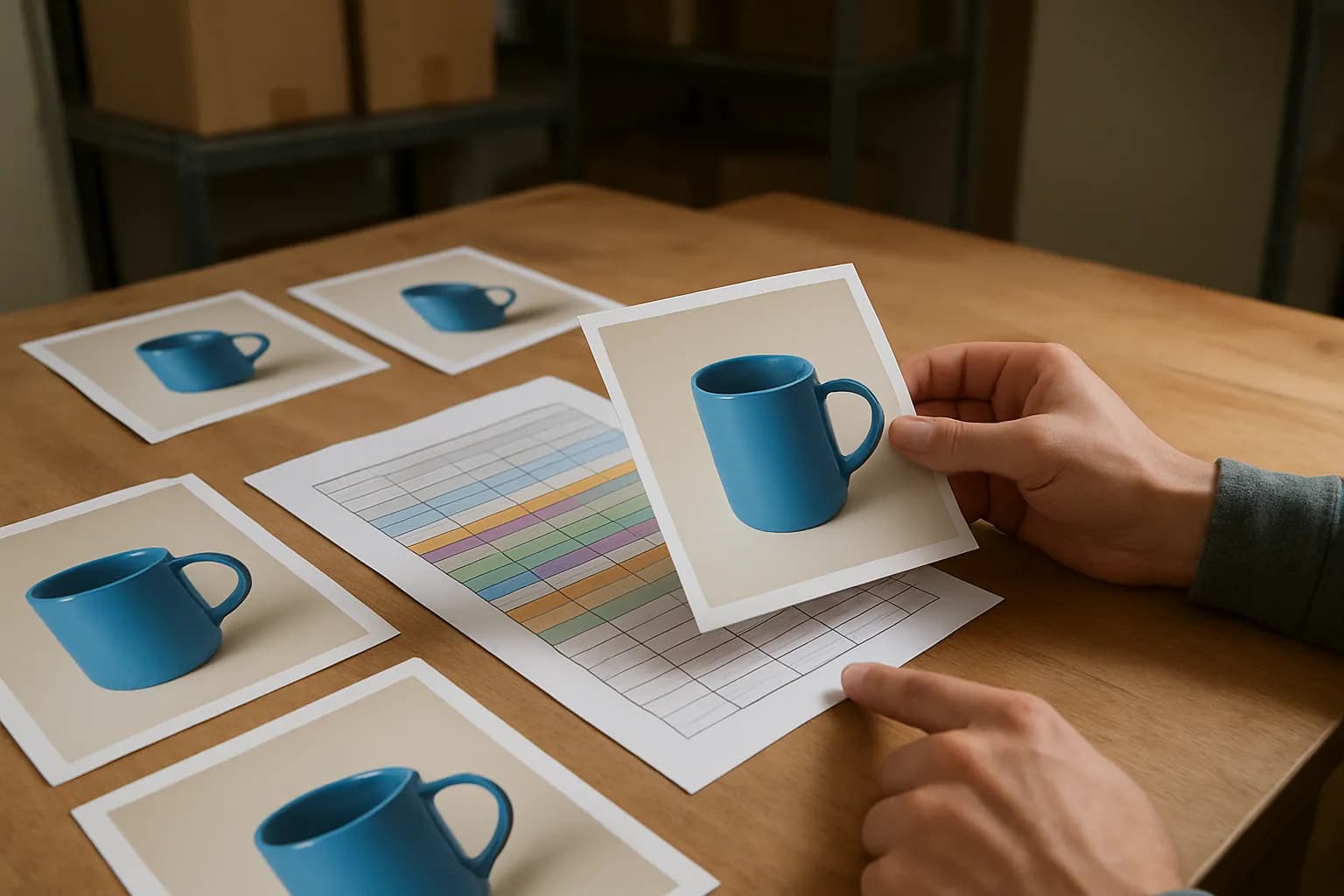 Hand comparing blue mug photo prints with a batch review sheet