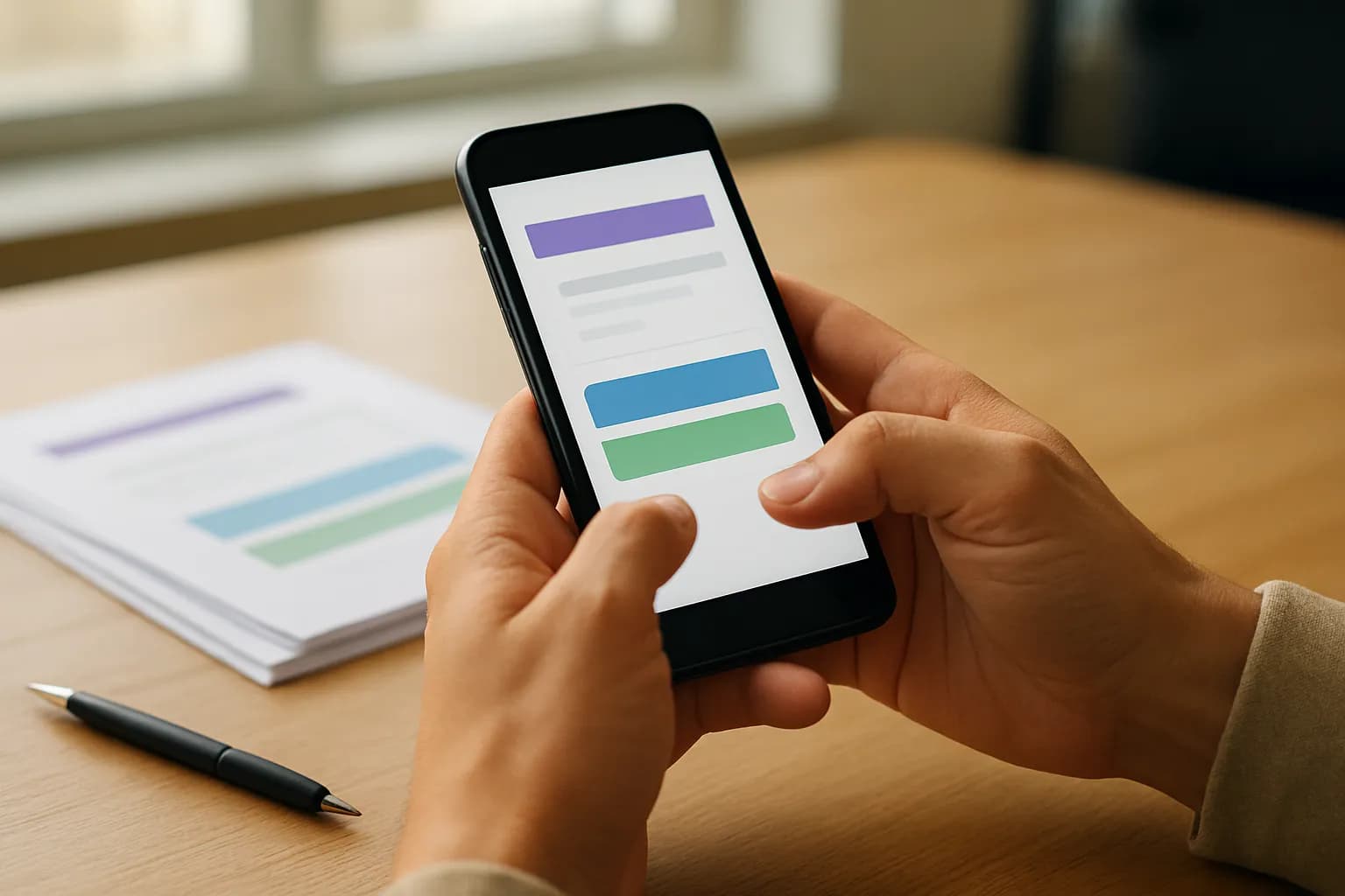 Hands check a form on a phone beside printouts on a meeting table.