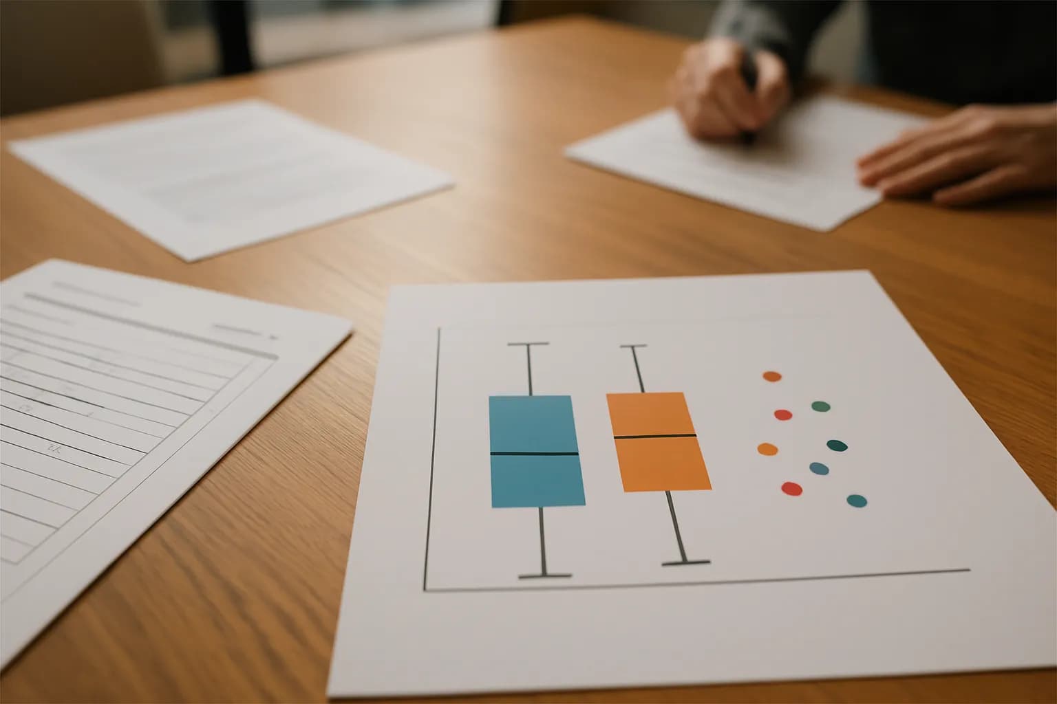 Survey sheets and printed distribution charts on a meeting room table