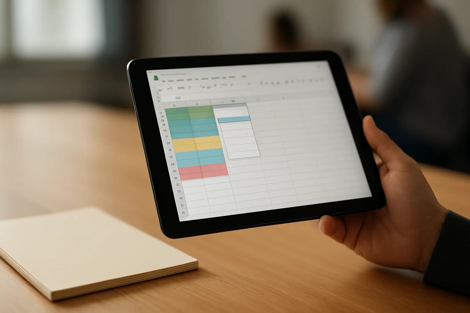 Hand holding a tablet with an open spreadsheet dropdown at an office table