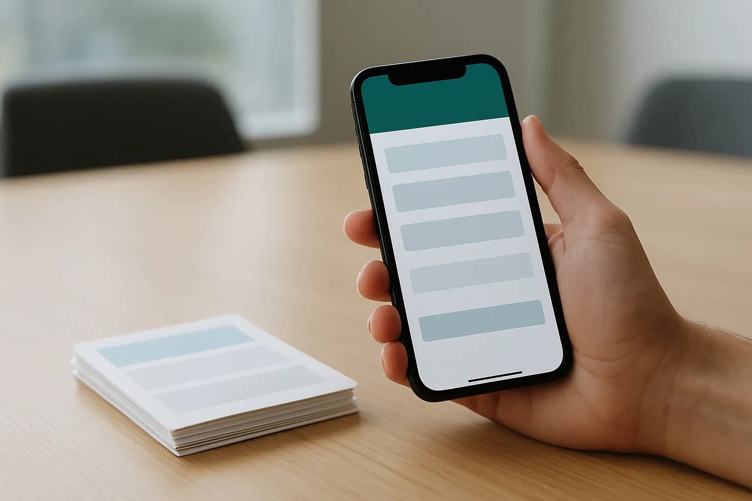 Hand holding a phone with a feedback form beside cards on a meeting table