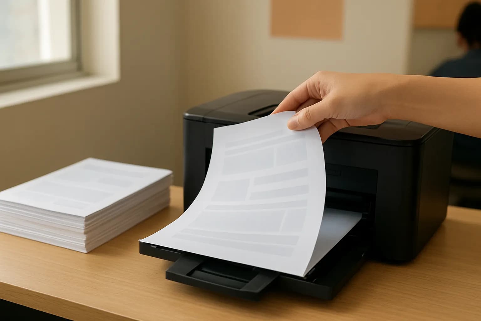 A hand lifts a printed request form beside an office printer.