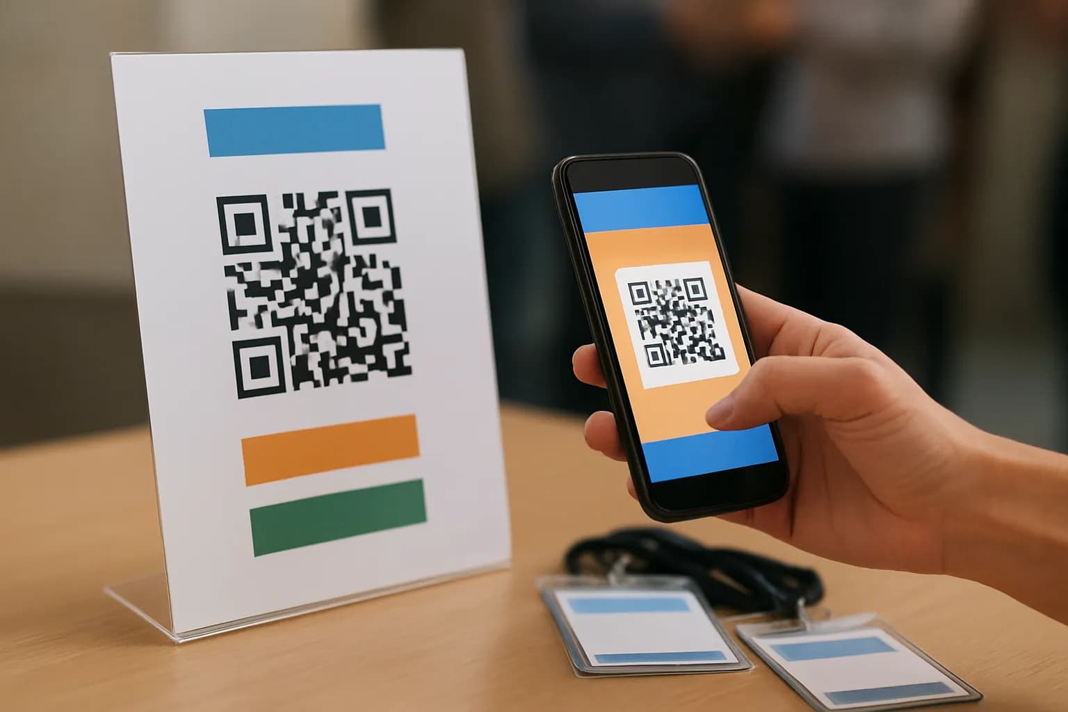 Hand scans a printed QR code beside attendee badges at an event entrance