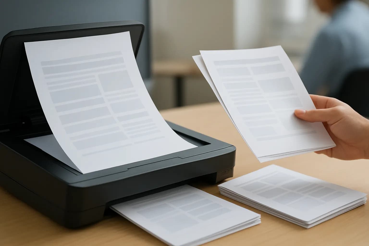 Hand compares paper pages beside a scanner in soft office daylight.