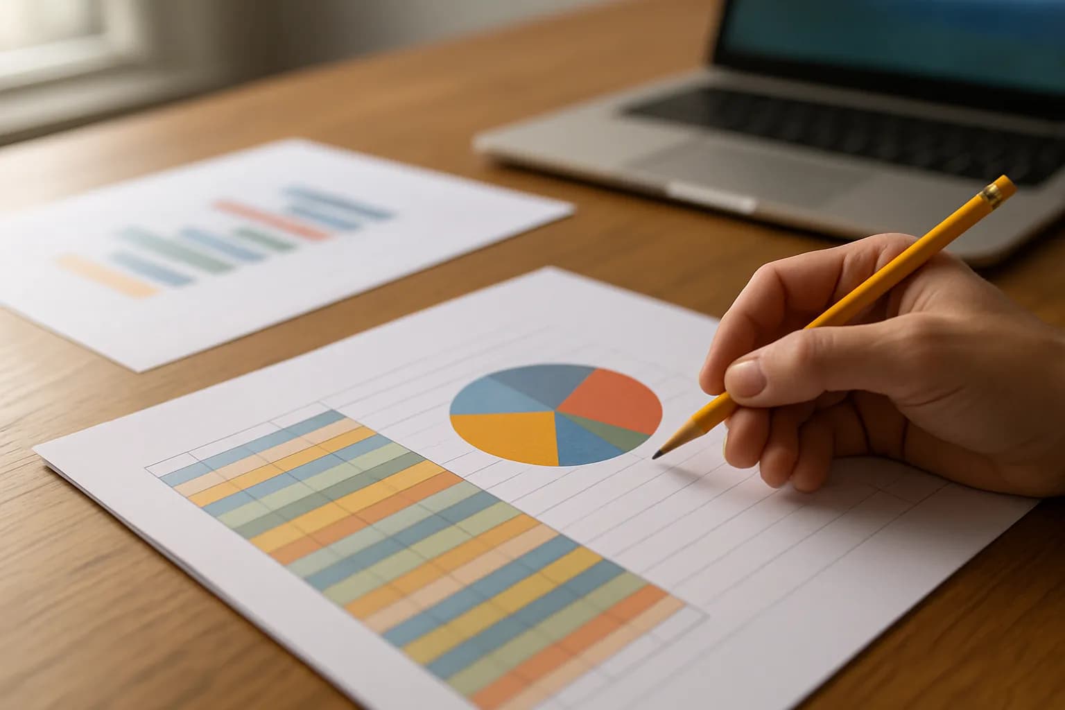 Hand checks a printed sales chart against spreadsheet rows on a table