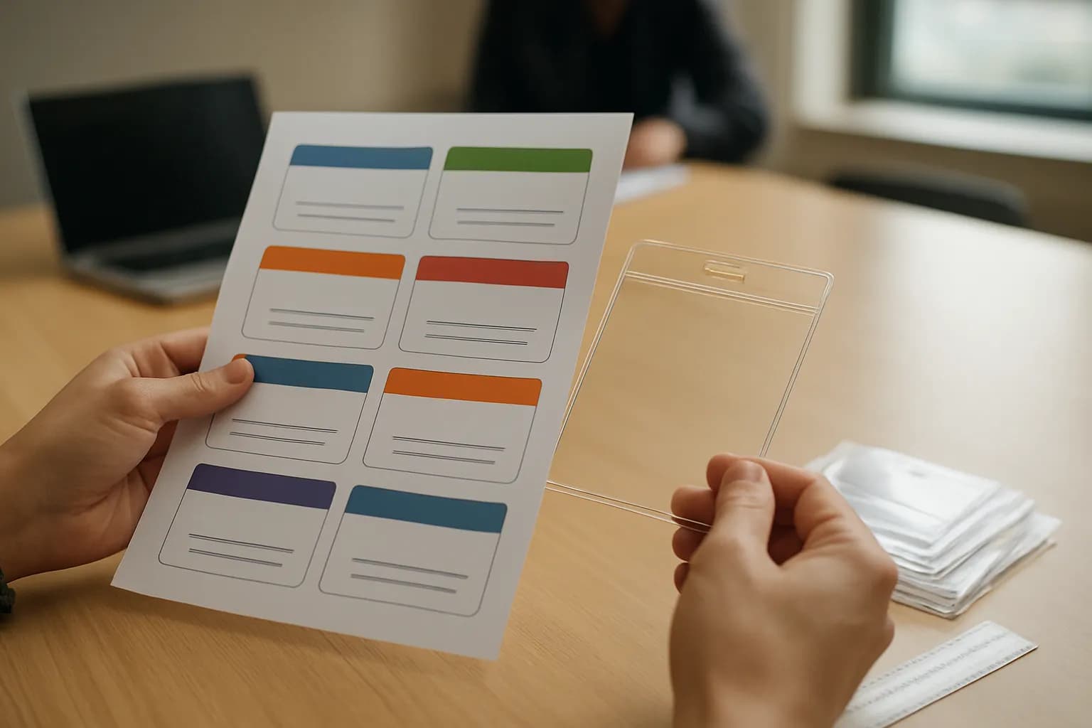 Hand checks printed event badges against a clear holder on a meeting table.