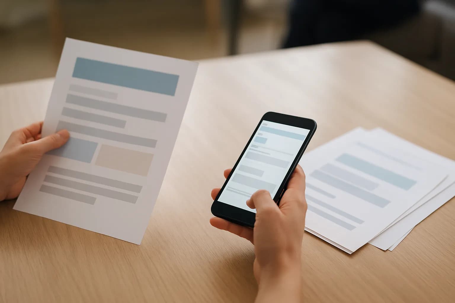 Hand compares printed policy documents with an email thread on a phone.