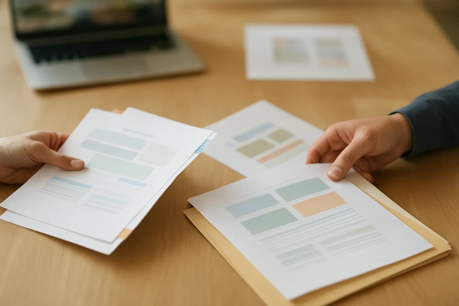 Hands compare company papers beside deal documents on a meeting table.