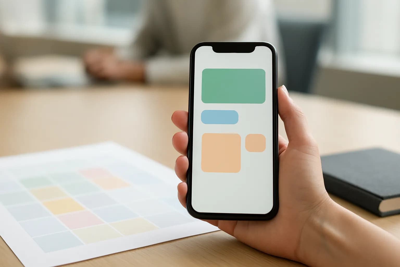Hand holding a phone beside a printed calendar on a meeting room table.
