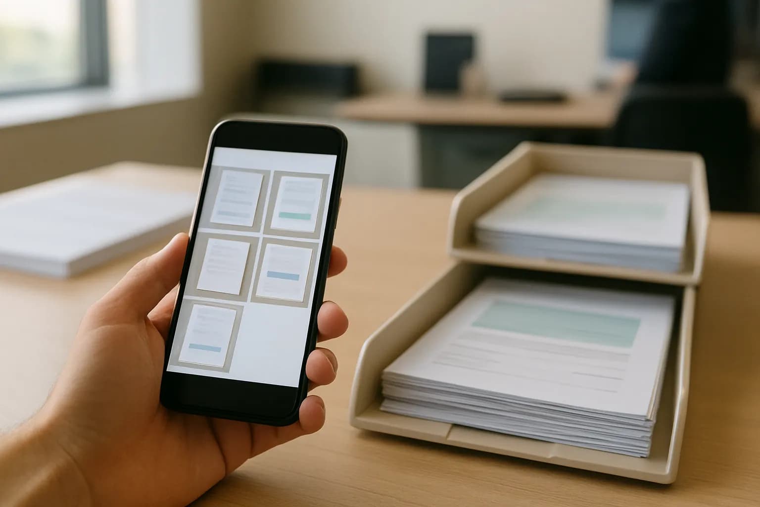 Hand holding phone with document photos beside separate paper trays on an office counter
