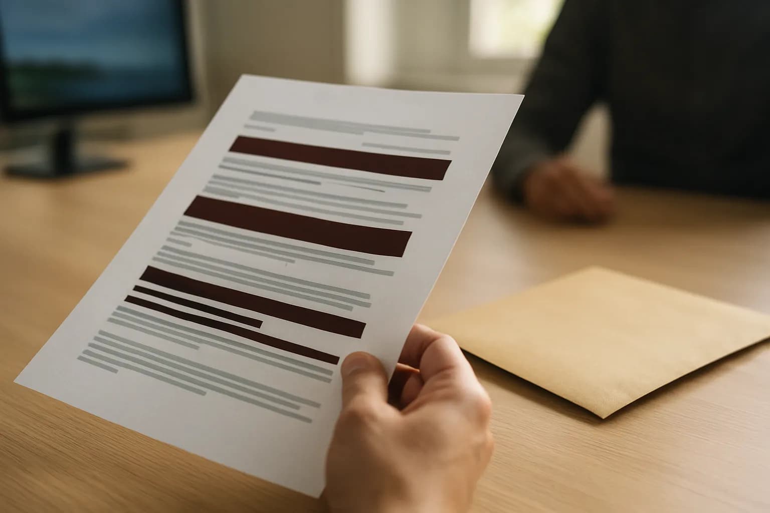 Hand holding a redacted printed document beside an envelope on an office table