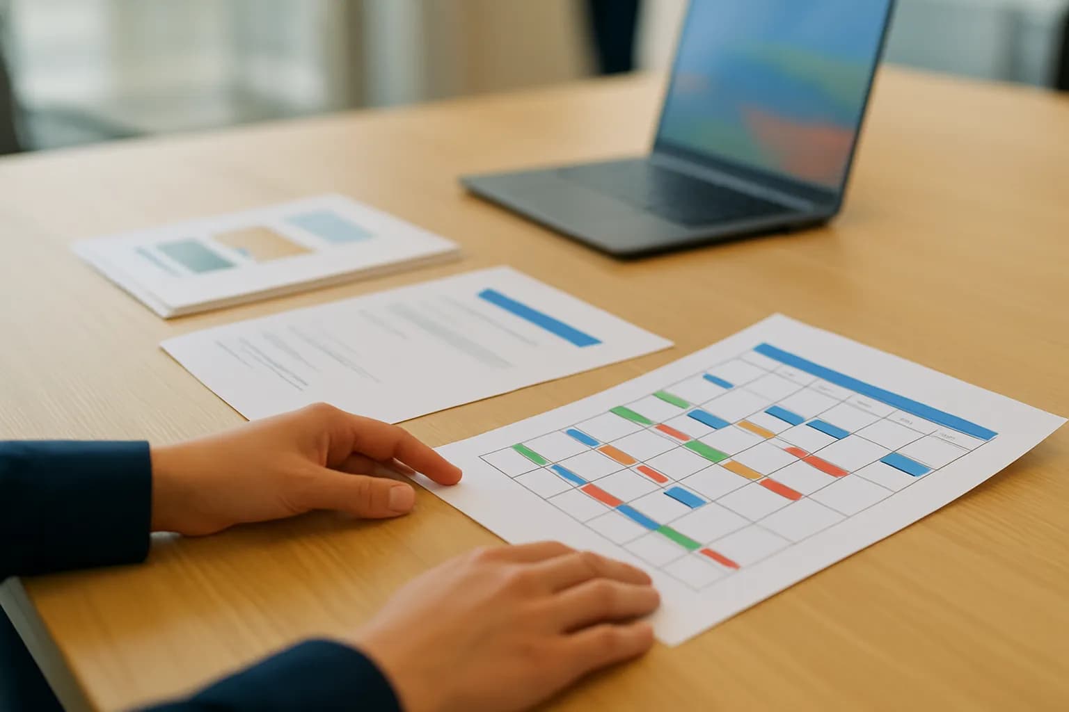 Hands arrange calendar pages and handover papers on a meeting table.