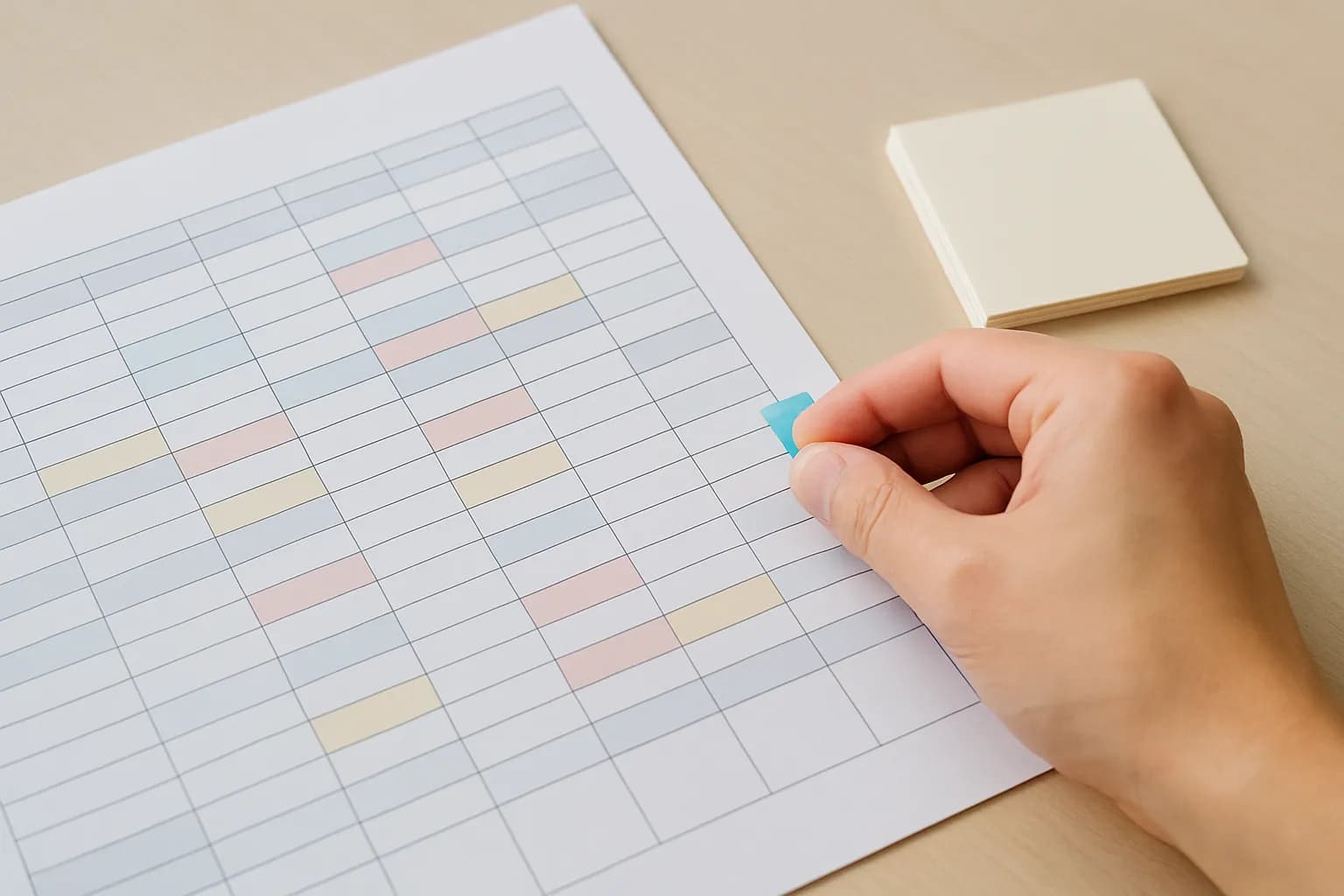 Hand marks adjacent contact rows beside note cards on an office table.