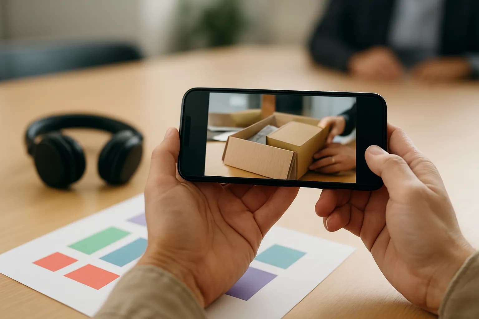 Hands review a parcel training video beside headphones and caption notes.
