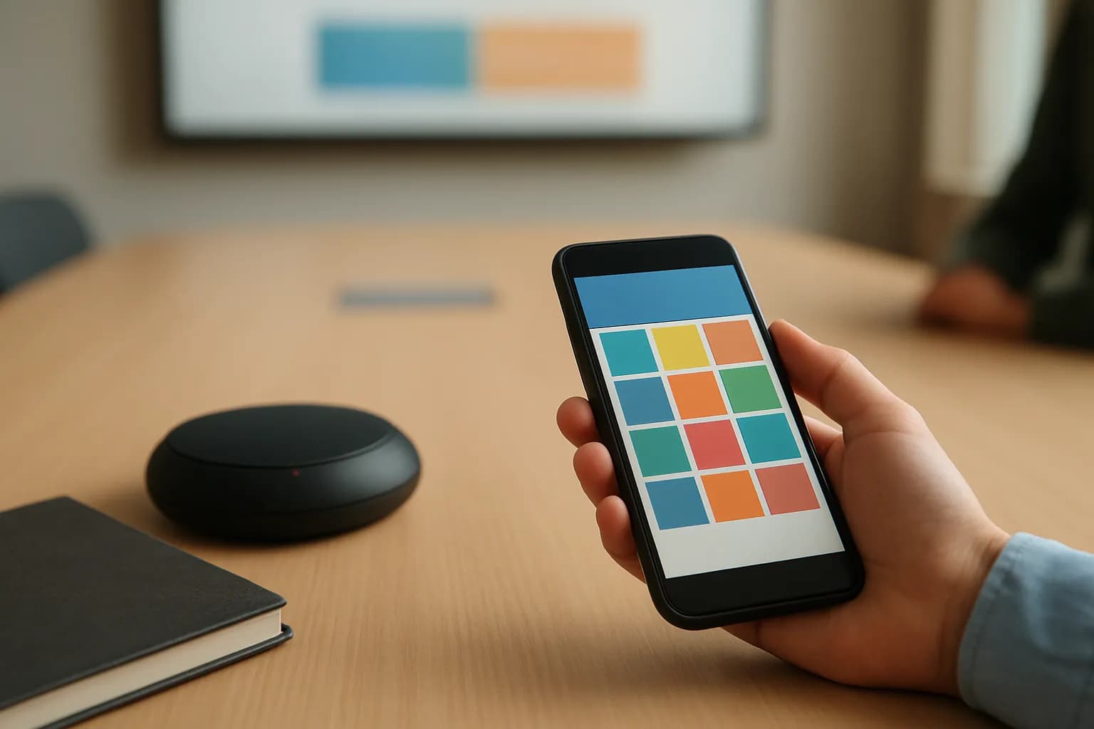 Hand holding phone beside meeting microphone and notebook on a table