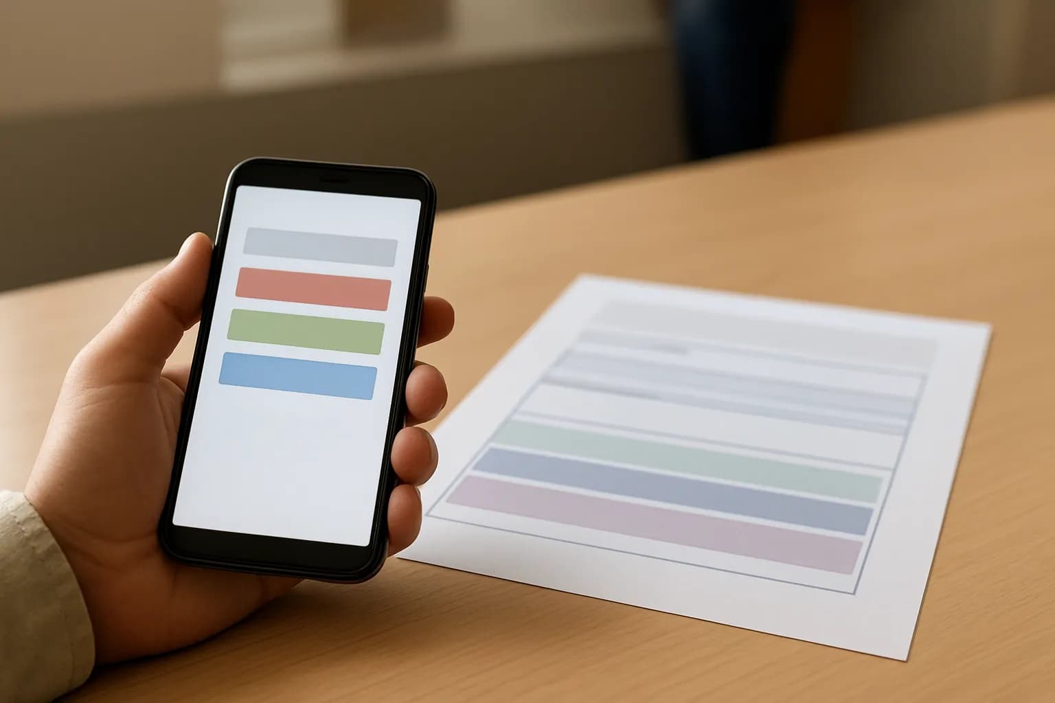 Hand holding a phone with form fields beside paper on an office counter